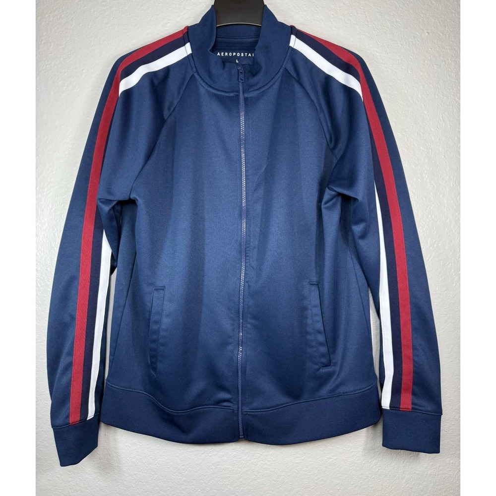Aéropostale Blue zip-front track jacket Men's Size L red white stripped Sleeves